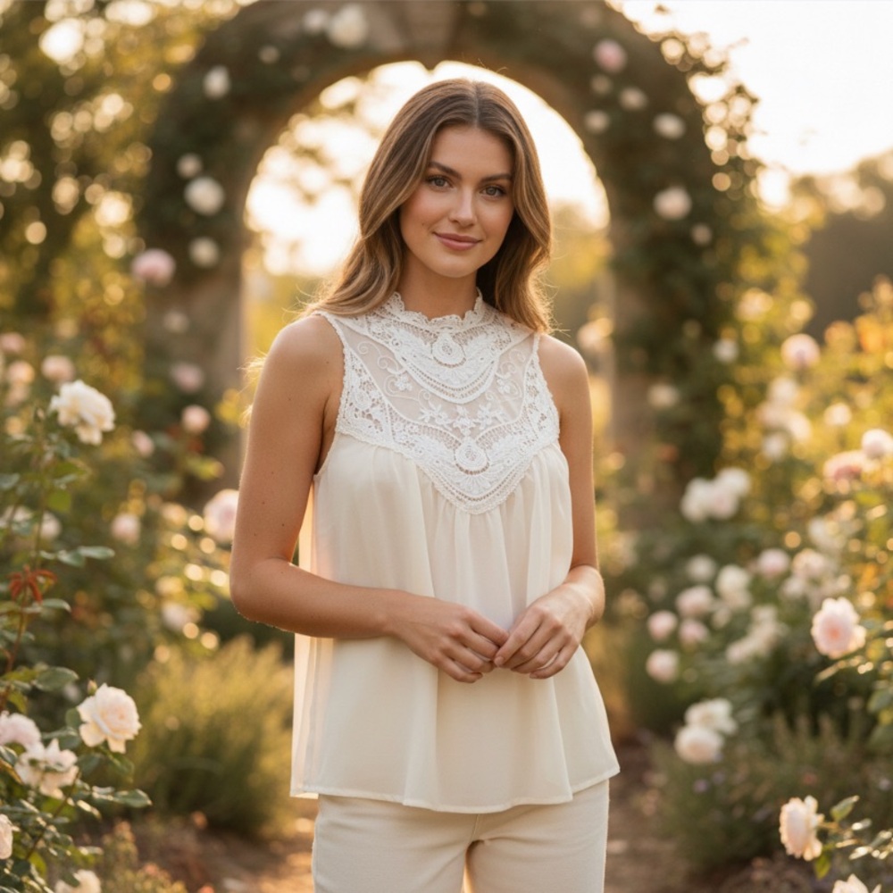 Boho Ivory Lace High Neck Sleeveless Blouse Chiffon Flowy Tank Top Size M